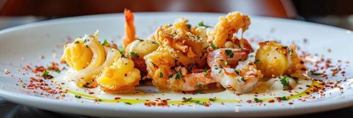 Canvas Print - Mixed Fried Seafood Platter with Shrimp, Squid, Baby Octopus, and Mayonnaise Sauce