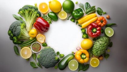 Fresh Organic Frame. Circular Vegan Produce Layout with Center Copy Space - top-down view mockup featuring fresh vegetables and fruits. Graphic art illustration