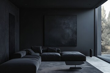 Poster - Modern minimalist living room with dark furnishings and large windows offering natural light in a serene atmosphere. Generative AI