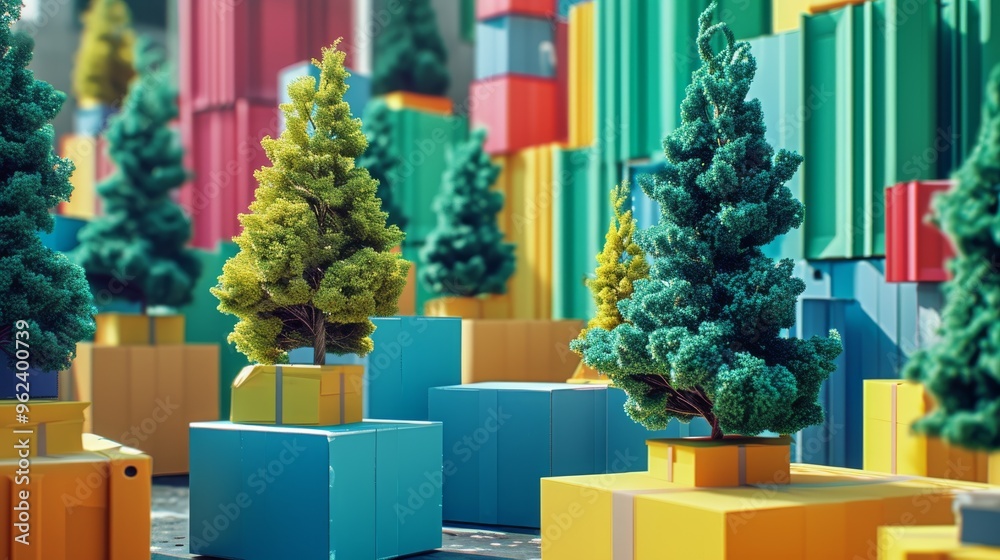A striking digital artwork of an abstract forest with vibrant trees and ...