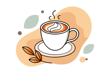 Sticker - Colorful Cappuccino Cup with Latte Art Vector Illustration on Abstract Blob Background