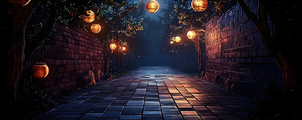 Canvas Print - A dark street with old brick walls decorated with night lanterns. An empty street with neon lights. A dark forest at night.