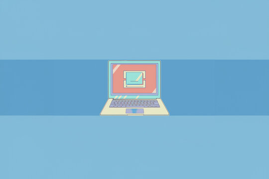 ordinateur portable, laptop ouvert, avec écran d'accueil, interface simple et épurée sur fond bleu, style graphique moderne