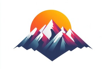 Poster - A beautiful minimalist logo showcases snow-capped mountains with a bright sun rising in the background, symbolizing adventure and tranquility. Generative AI