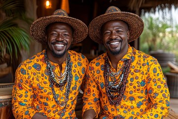 Two men dressed in colorful traditional attire smile together at a tropical location, showcasing vibrant patterns and cultural style. Generative AI