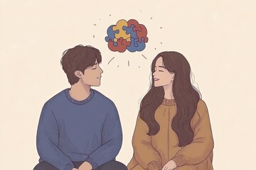 Sticker - Neurocells Cognitive brain Minimalist illustration of a couple with colorful brain patterns symbolizing communication and understanding in relationships