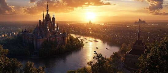 Majestic Castle Cityscape at Sunset with a River Flowing Through