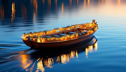 A boat is slowly driving on a peaceful lake. The boat is decorated with warm lights that reflect the light on the water surface, creating a dreamy and comfortable atmosphere.