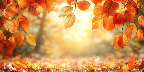 Wall Mural - autumn tree in idyllic beautiful blurred autumn landscape panorama with fall leaves in sunshine, advertising space on leaf ground, a day outdoors in golden october, cheerful fall leaf season concept