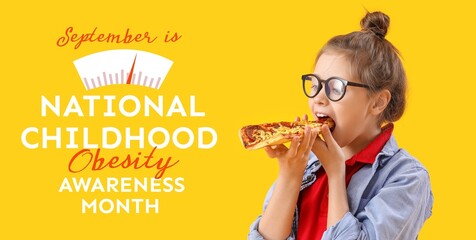 Little girl eating tasty pizza on yellow background. Banner for National Childhood Obesity Awareness Month