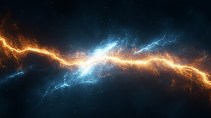 Wall Mural - Abstract cosmic energy with lightning bolts in blue and orange on a black starry background.