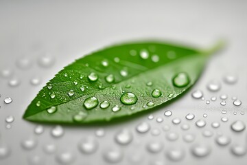 Poster - Close-up view of a green leaf with water droplets on a smooth surface in natural light capturing morning freshness and detail. Generative AI
