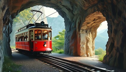 A retro red tram runs through the charming tunnel, and its passengers are excited to look forward to the beautiful scenery on the road.