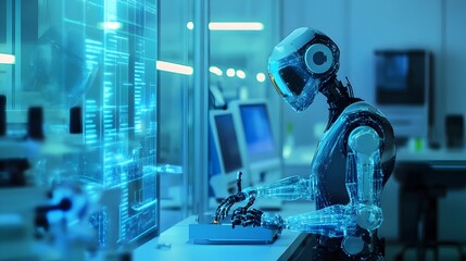 Poster - holographic display showcasing advanced ai driven robotic systems performing complex tasks and workf