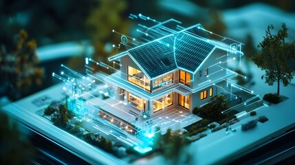 Poster - Holographic display showcasing a futuristic smart home system controlled by advanced intelligence technology featuring wireless connectivity home automation and intuitive user interface