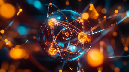 Poster - holographic display of detailed atomic structure with orbitals and electrons showcasing the intricat
