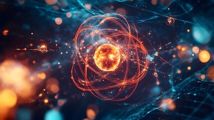 Poster - Detailed Holographic Visualization of Atomic Structure with Orbitals and Electrons Displaying Digital Scientific Data and Technology Concept