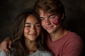 Wall Mural - Brain capacity Neural mind Two young people embrace in a casual portrait surrounded by playful floating doodles representing youthful imagination dreams and connection