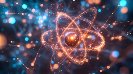 Poster - A captivating holographic representation of an atomic structure with a focus on the intricate dance of electrons orbiting the nucleus