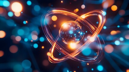 Poster - Mesmerizing hologram showcasing a rotating atomic structure with emphasis on the dynamic electron orbits creating a captivating and futuristic visual experience
