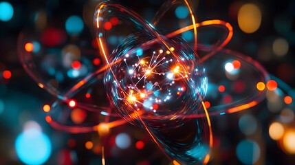 Poster - a holographic visualization depicting the complex interactions between protons neutrons and electron
