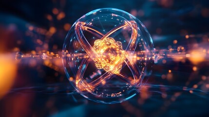 Poster - holographic representation of a complex atomic structure with intricate energy levels showcasing the