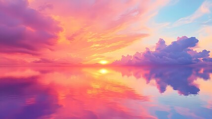 Poster - Mesmerizing sunset landscape with a breathtaking display of colorful clouds and their captivating reflections on the calm serene waters  The warm