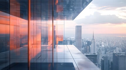 Poster - Captivating reflections of the city skyline on the transparent glass wall of a modern high rise building creating a visually striking and minimalist architectural composition