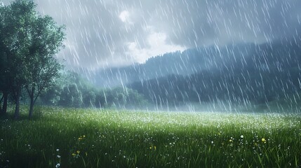 Poster - A serene and pastoral countryside landscape with a gentle rain shower falling over the lush greenery and rolling meadows creating a calming and soothing atmosphere
