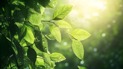 Poster - Vibrant green leaves with glistening morning dew in a serene sunlit forest conceptual scene  A peaceful natural landscape filled with lush organic foliage and a tranquil refreshing atmosphere