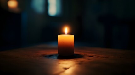 Poster - Soft Glow of a Single Flickering Candle Flame Illuminating a Cozy and Tranquil Dark Room Creating a Serene and Intimate Atmosphere