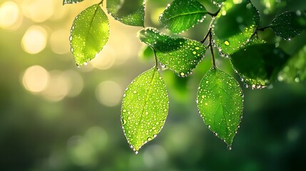 Poster - Vibrant green leaves covered in morning dew glistening in the warm sunlight of a peaceful forest landscape  The image exudes a sense of tranquility and natural beauty