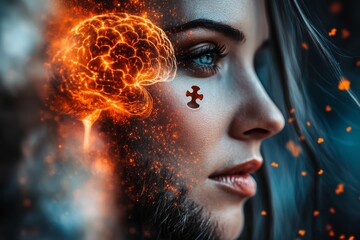 Canvas Print - Brain architecture Neural mind Profile of a woman with a brain puzzle piece glowing in an intense fiery display symbolizing the complexity and power of cognitive processes