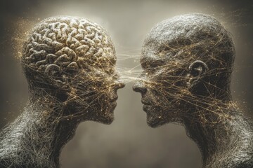 Canvas Print - Mental framework Neural mind Side profile of two elderly individuals facing each other with neural networks connecting their minds showcasing wisdom and lifelong connections