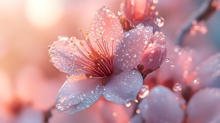 Poster - Stunning macro close up of a delicate cherry blossom in full spring bloom showcasing the soft pastel colored petals and serene natural background  This beautiful floral image captures the elegant