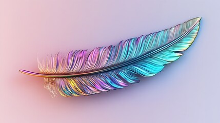 Poster - Captivating Conceptual Photography of a Single Iridescent Feather with Intricate Details Against a Plain Background Showcasing the Ethereal Beauty of Nature s