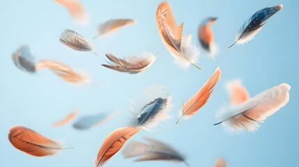 Poster - A conceptual image showcasing a collection of feathers in various sizes and hues drifting and floating gracefully through the air creating a calming and ethereal atmosphere