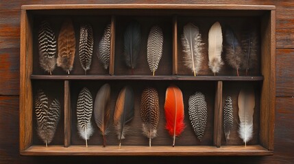 Poster - Conceptual arrangement of a bird s feather collection displayed in a minimalist shadow box frame creating a serene and elegant natural composition for home decor or wall art
