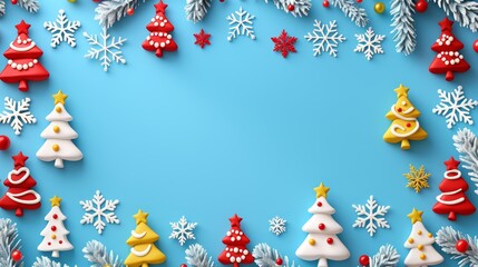 Colorful Christmas trees and snowflakes on a vibrant blue background, framed with holiday decorations.