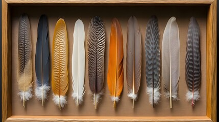 Poster - Conceptual arrangement of a curated collection of bird feathers displayed in a sleek shadow box frame  The delicate wispy feathers create a beautiful minimalist natural wall decor piece