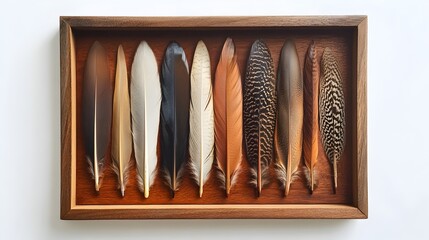 Poster - A conceptual art display featuring a curated collection of delicate bird feathers arranged in a sleek minimalist shadow box frame creating a serene and artful focal point for modern interior design