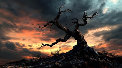 Poster - Weathered and twisted dead tree with gnarled branches silhouetted against a dramatic moody sunset sky  Conceptual landscape representing themes of nature the passage of time and the cycle of life