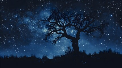 Poster - Silhouetted Skeletal Tree Framing Expansive Starry Celestial Landscape in Dramatic Moody Atmosphere