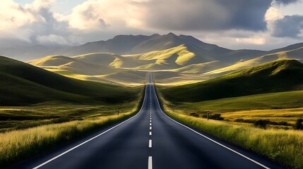 Poster - Conceptual image of a long empty winding road stretching into the distance with rolling hills and meadows on either side creating a peaceful and serene countryside landscape