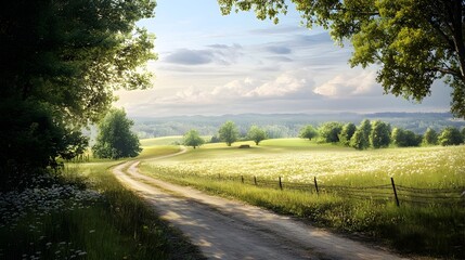 Poster - Serene countryside road winding through a picturesque pastoral landscape of rolling fields lush foliage and a tranquil horizon