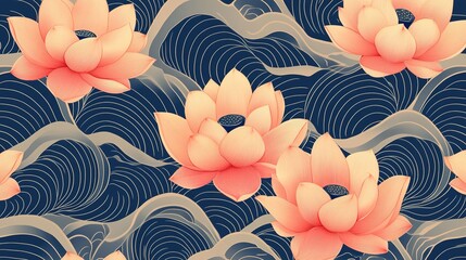 Wall Mural - Seamless Pattern of Pink Lotus Flowers and Abstract Waves