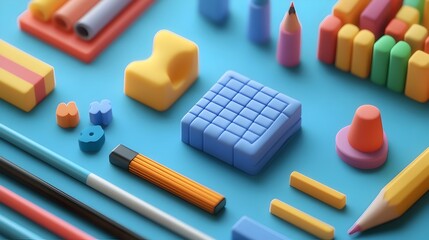 Poster - Conceptual image of a set of vibrant geometric erasers in different shapes and colors arranged on a minimalist school desk  The composition showcases the potential of everyday stationery items