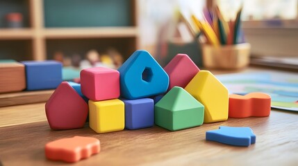 Poster - Vibrant Erasers on a Schooldesk   Conceptual Still Life with Colorful Geometric Shapes Arranged on a Desk Surface