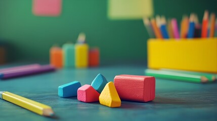 Poster - A conceptual image showcasing a set of vibrant erasers in diverse geometric shapes arranged on a plain school desk representing creativity education and the endless possibilities of stationery