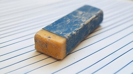Poster - A conceptual image depicting a partially worn down eraser resting on a lined notebook symbolizing the process of revision refinement